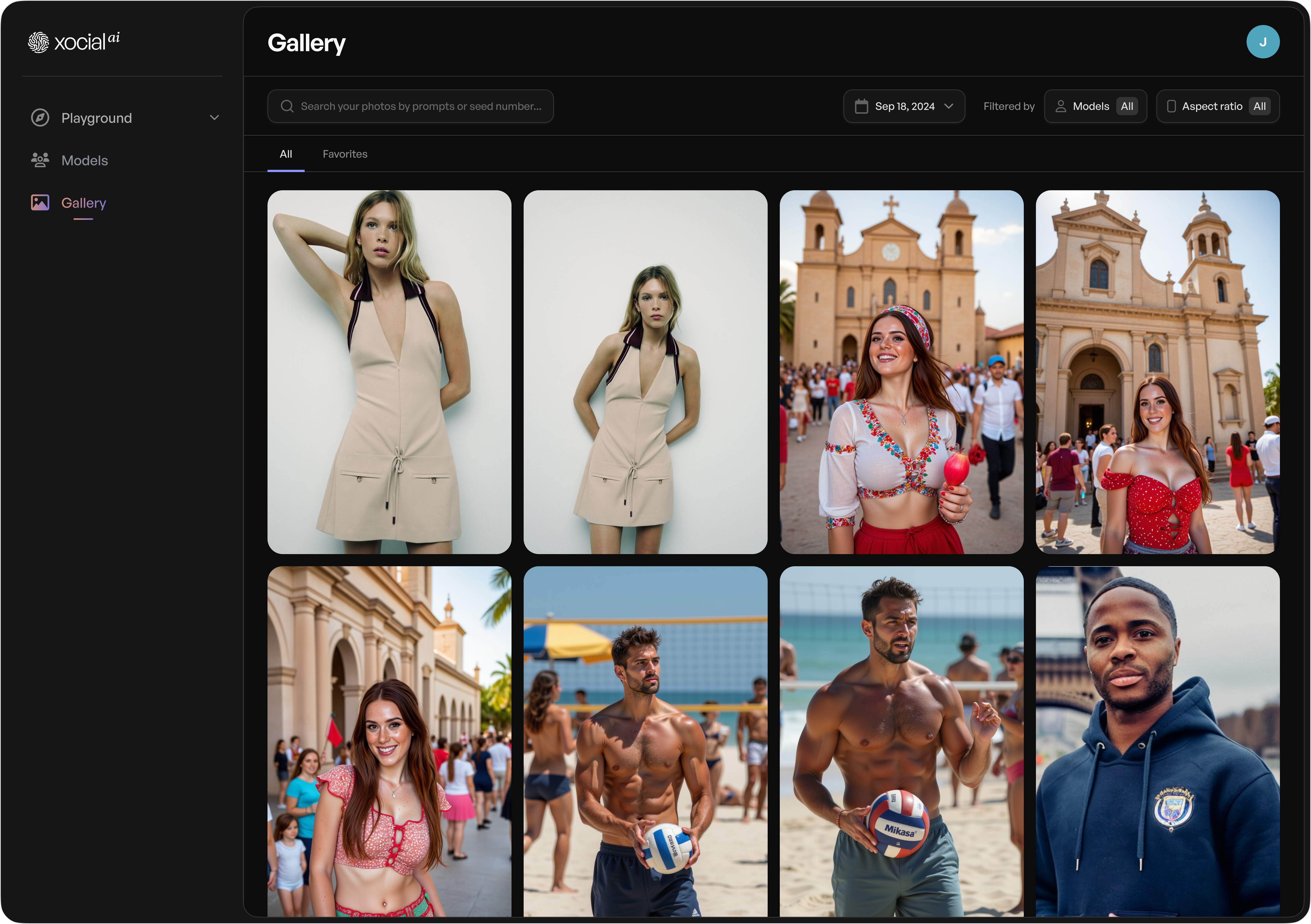 Xocial AI gallery showing a collection of generated images