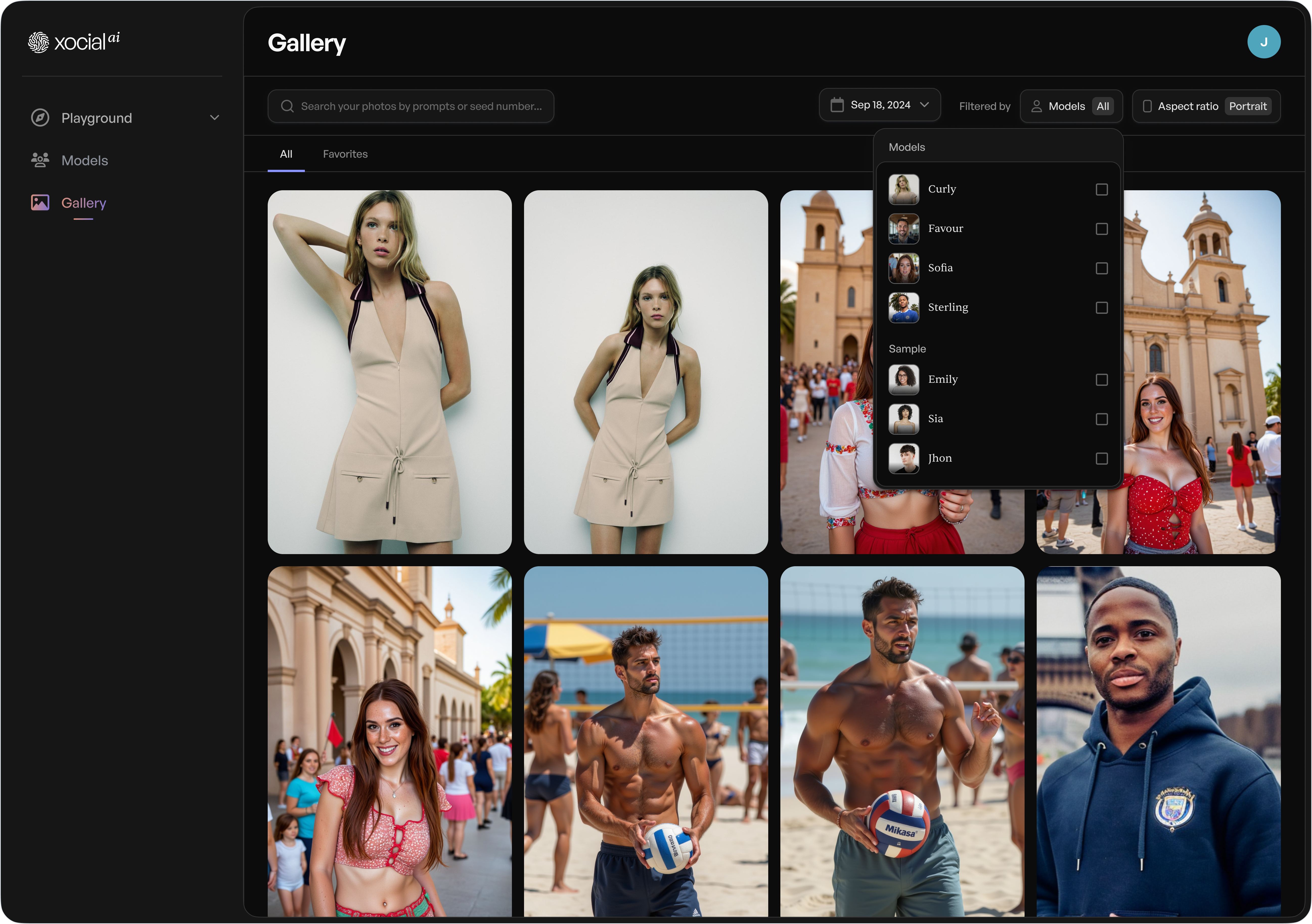 Xocial AI gallery controls for browsing and filtering generated images