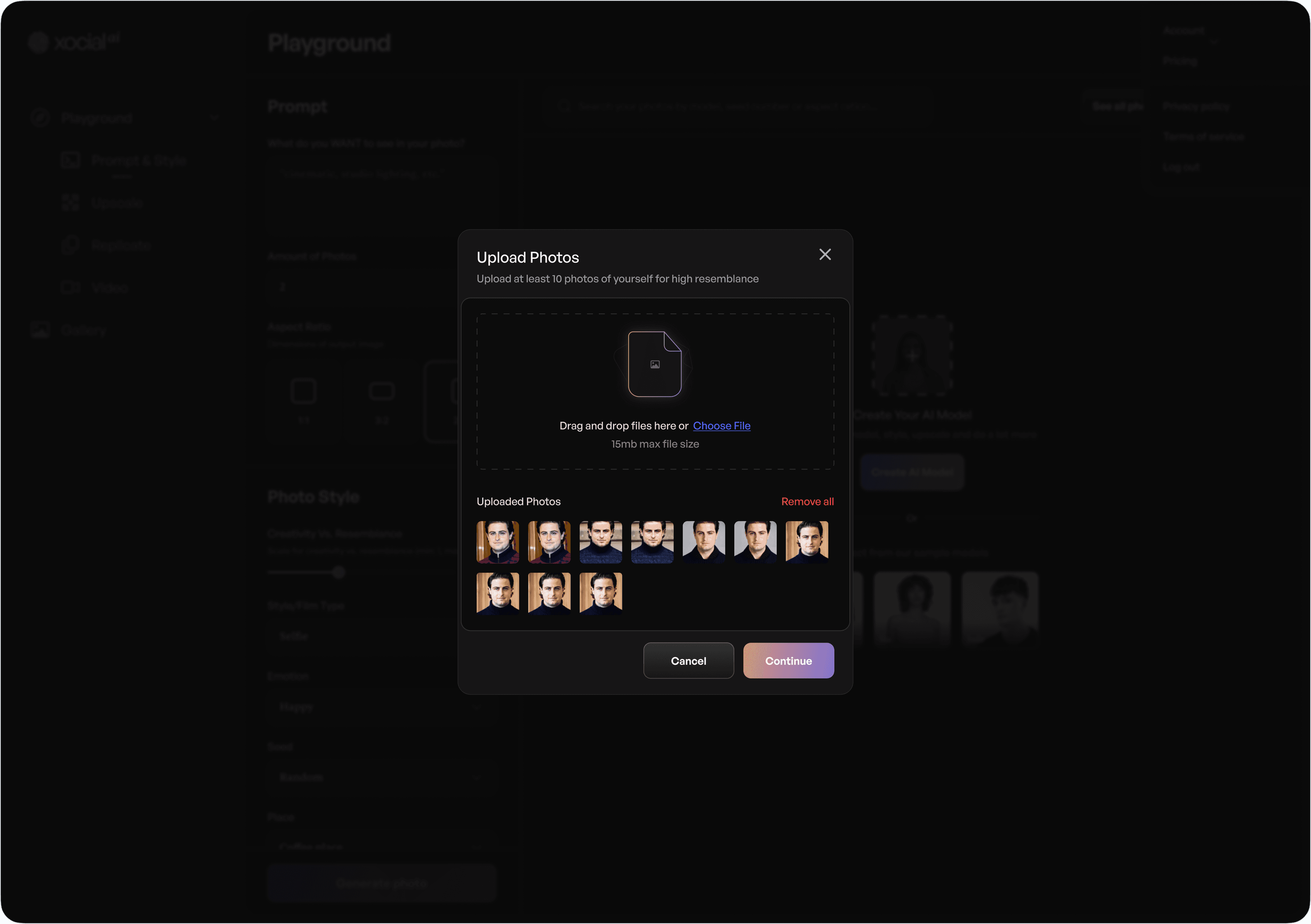 Xocial AI model creation flow using uploaded reference images
