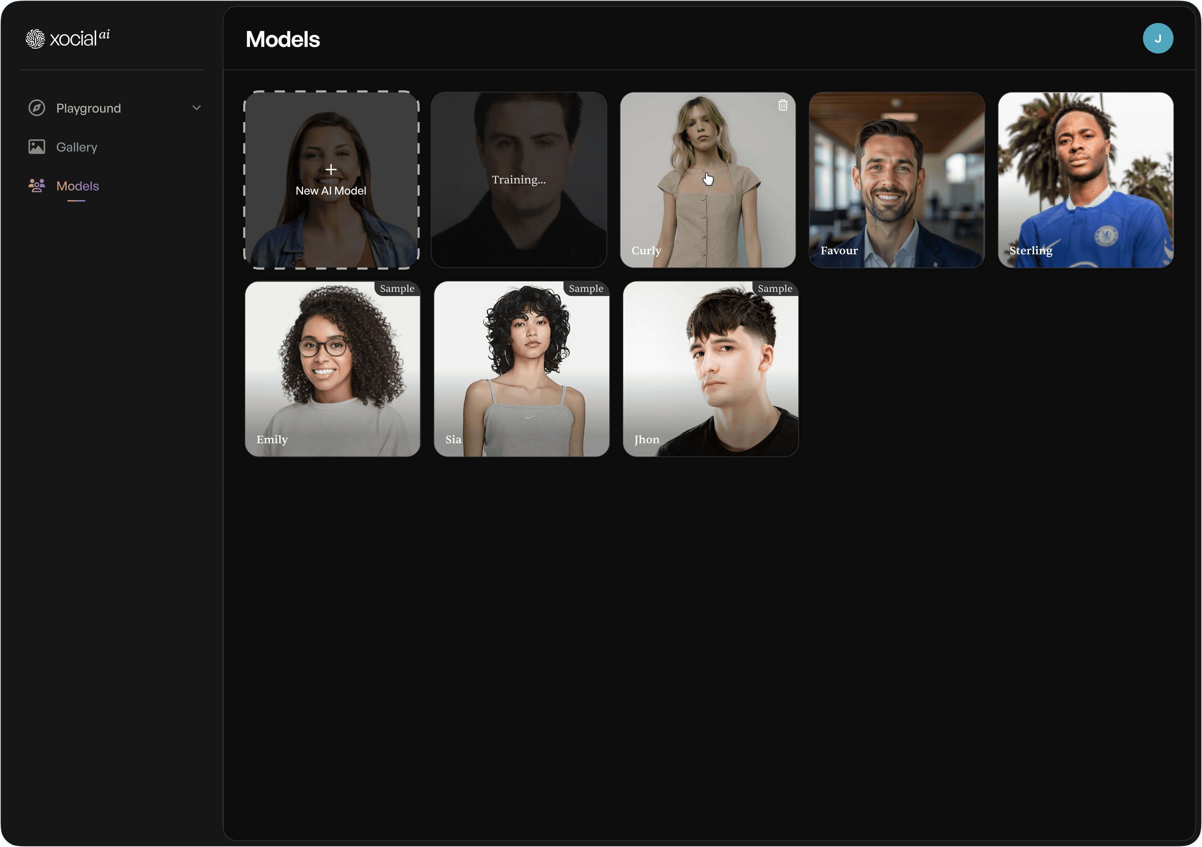 Xocial AI models workspace with reusable digital influencer identities