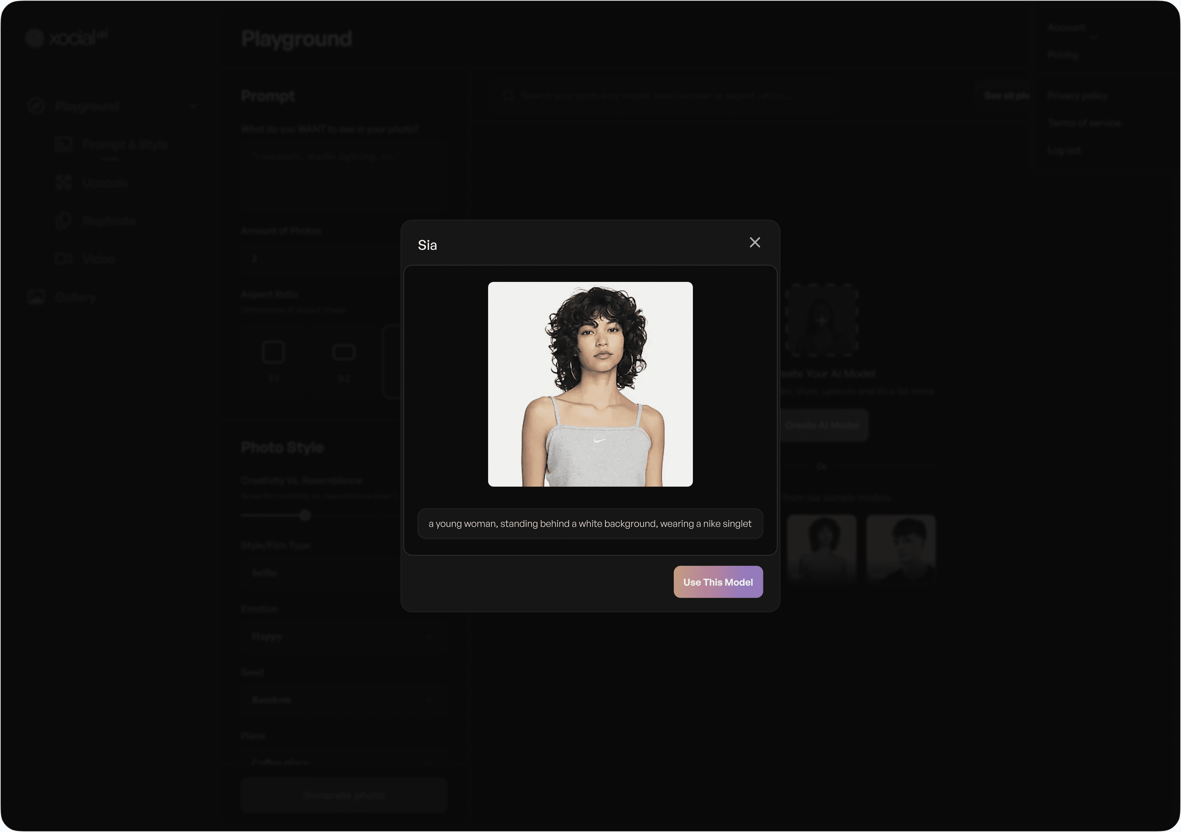 Xocial AI sample model selection experience