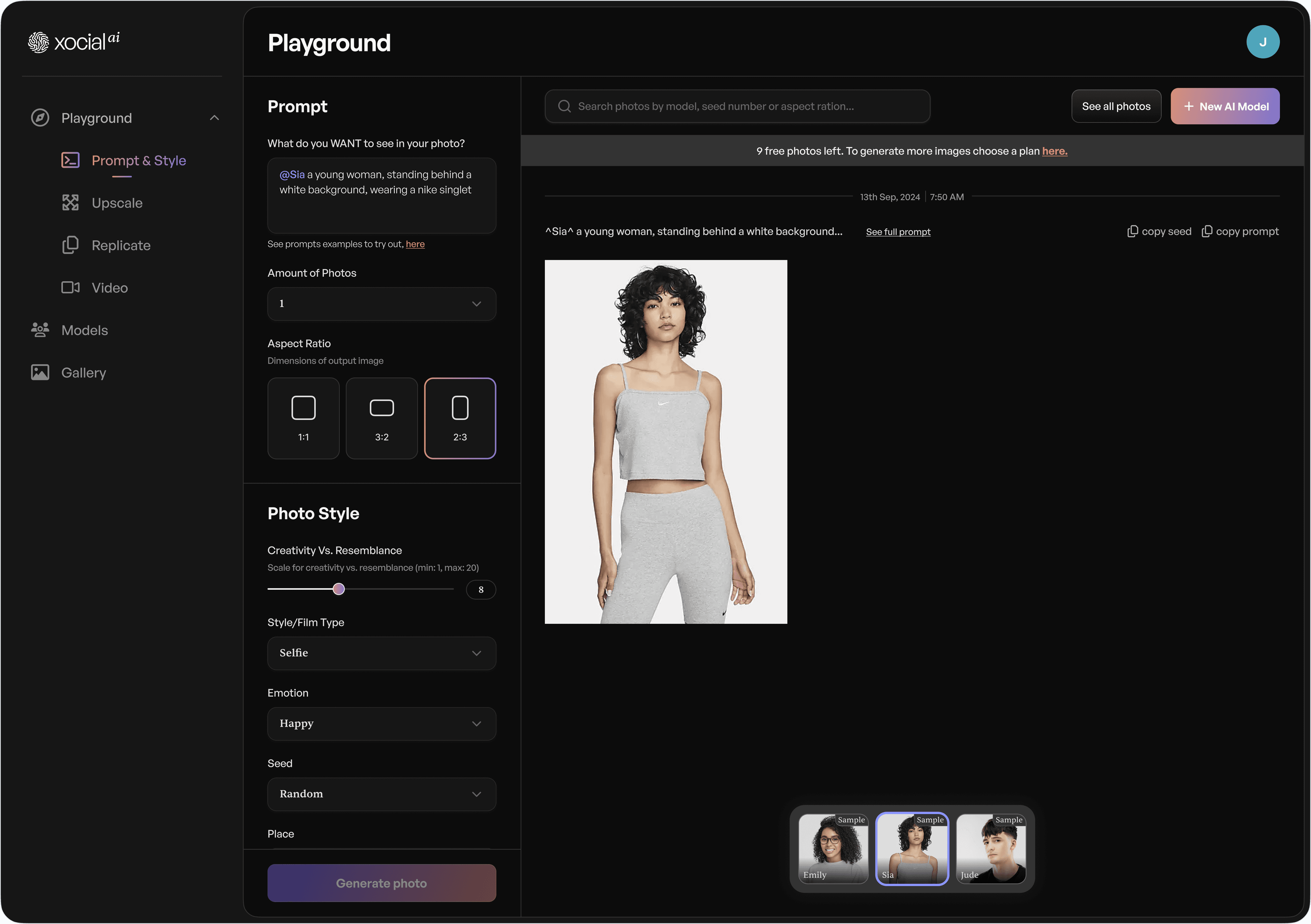 Selected Xocial AI sample model ready for content generation