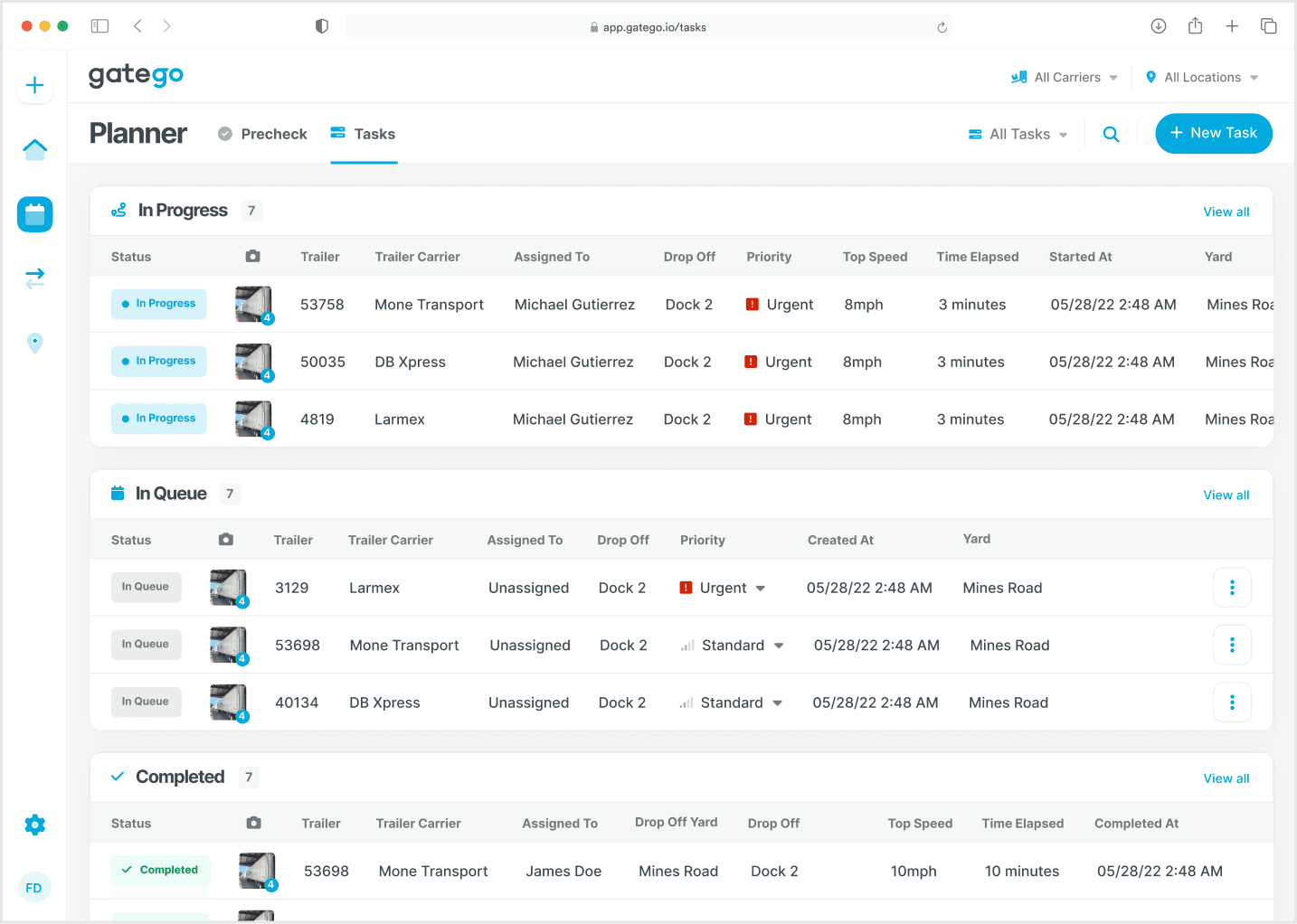Gatego Planner showing queued, in progress, and completed tasks
