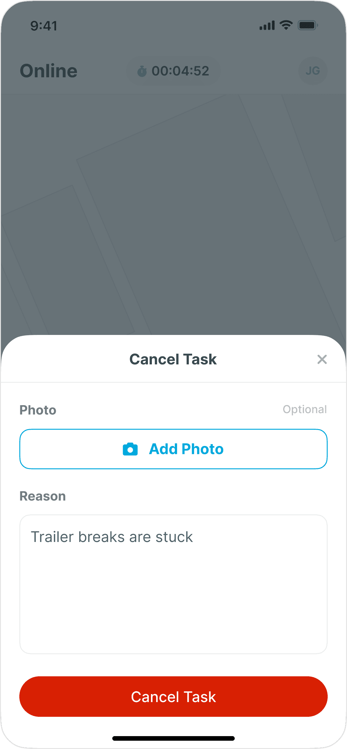 Yard Tasking cancel task form with photo upload and reason fields