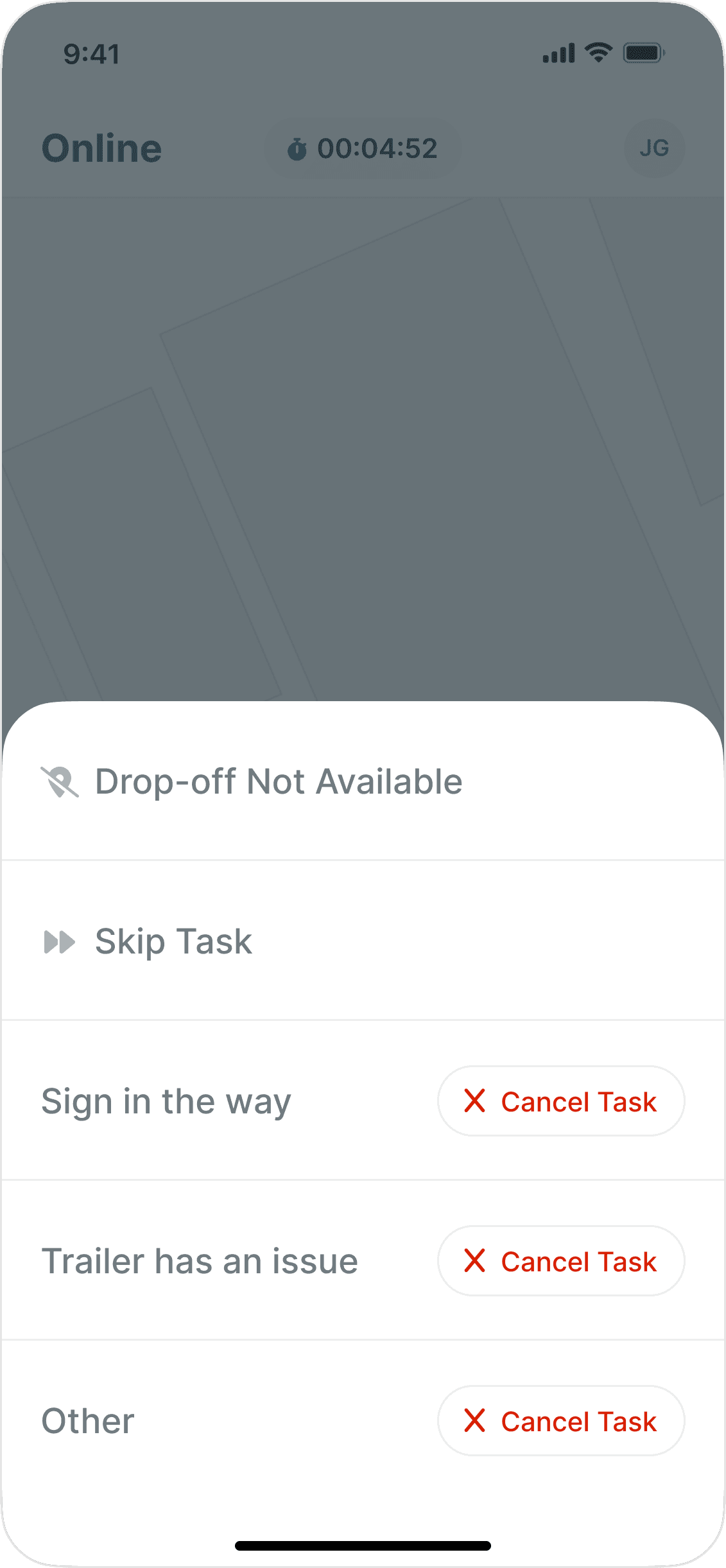 Yard Tasking issue menu showing reasons a driver can cancel or skip a task