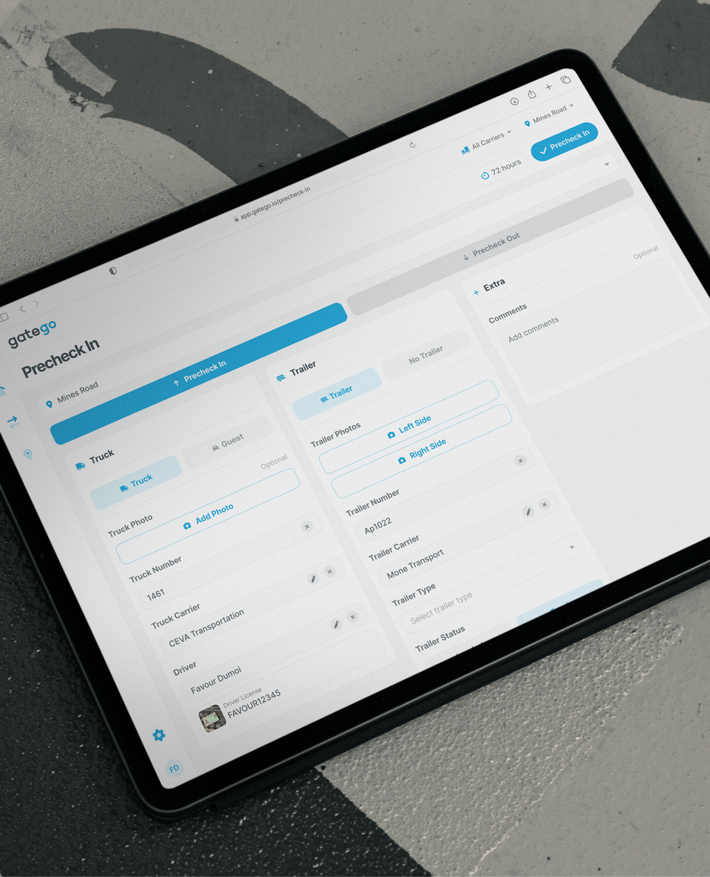 Gatego Precheck interface displayed on a tablet