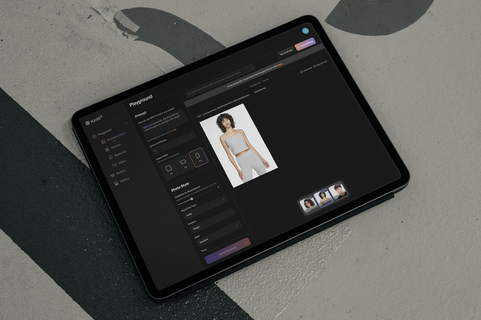 Xocial AI creative workspace displayed on a tablet